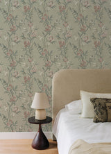 York Tea Olive Green Finch Frolic Wallpaper
