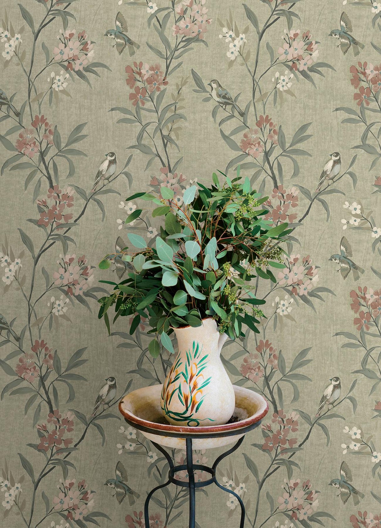 York Tea Olive Green Finch Frolic Wallpaper