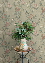 York Tea Olive Green Finch Frolic Wallpaper