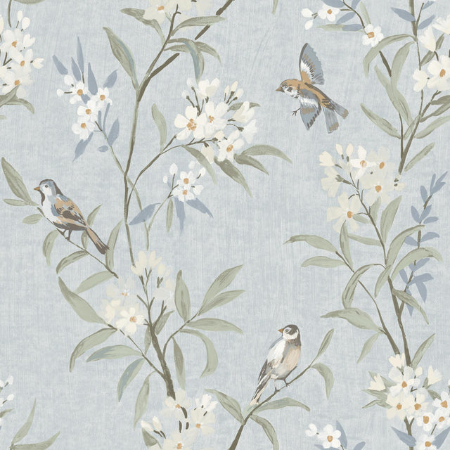 York Tea Olive Light Blue Finch Frolic Wallpaper
