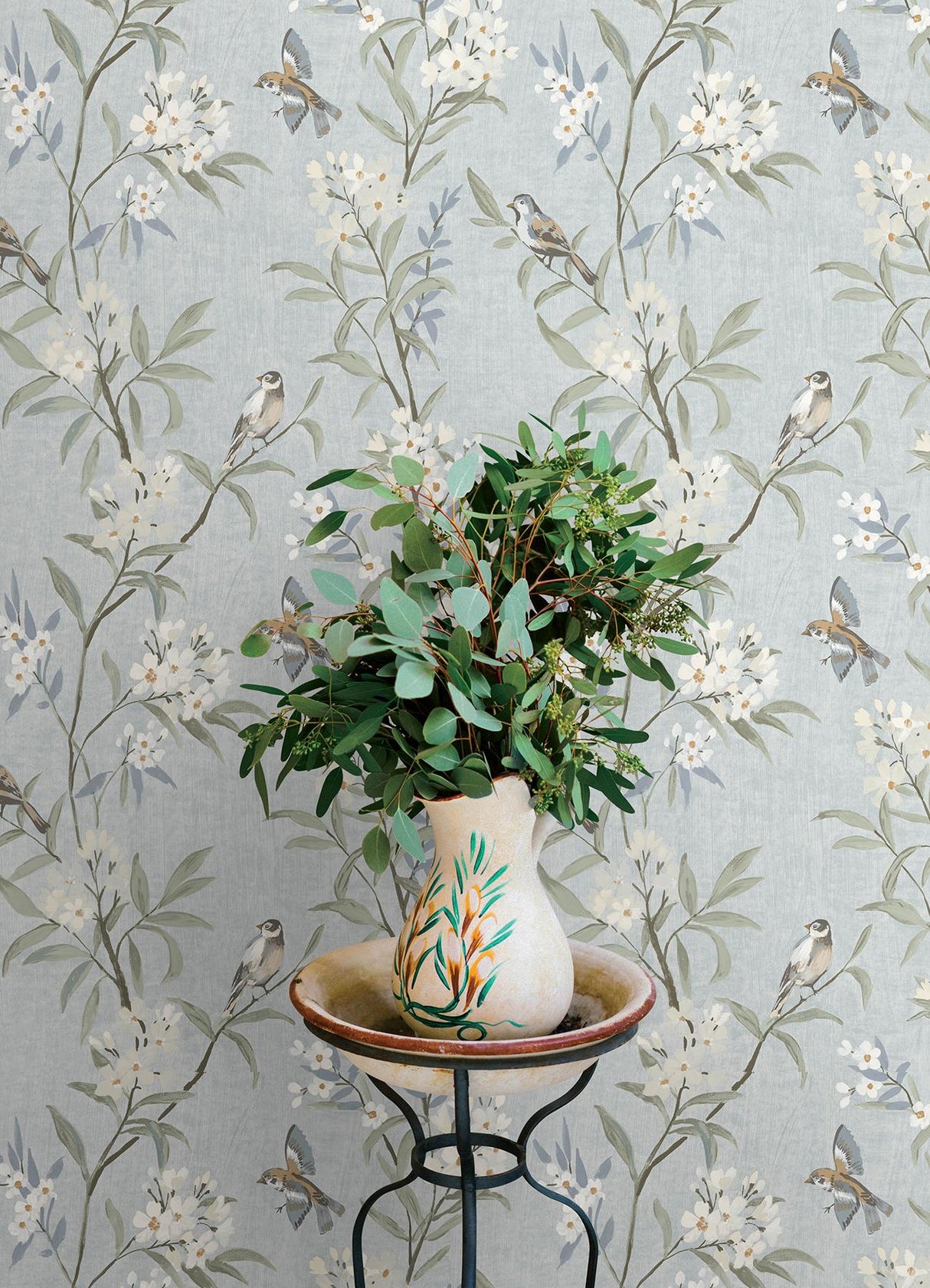 York Tea Olive Light Blue Finch Frolic Wallpaper