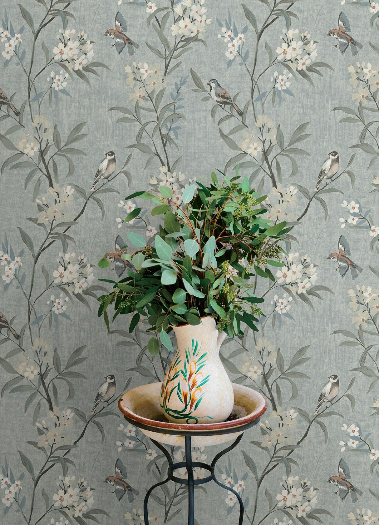 York Tea Olive Blue Finch Frolic Wallpaper