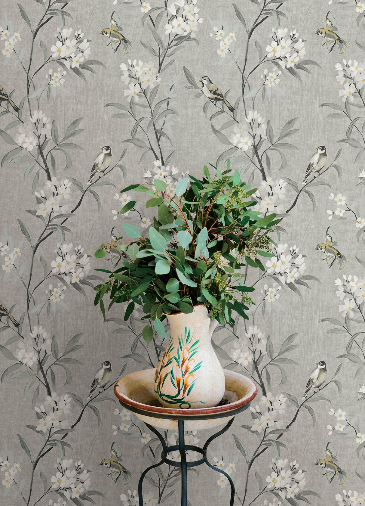 York Tea Olive Gray Finch Frolic Wallpaper