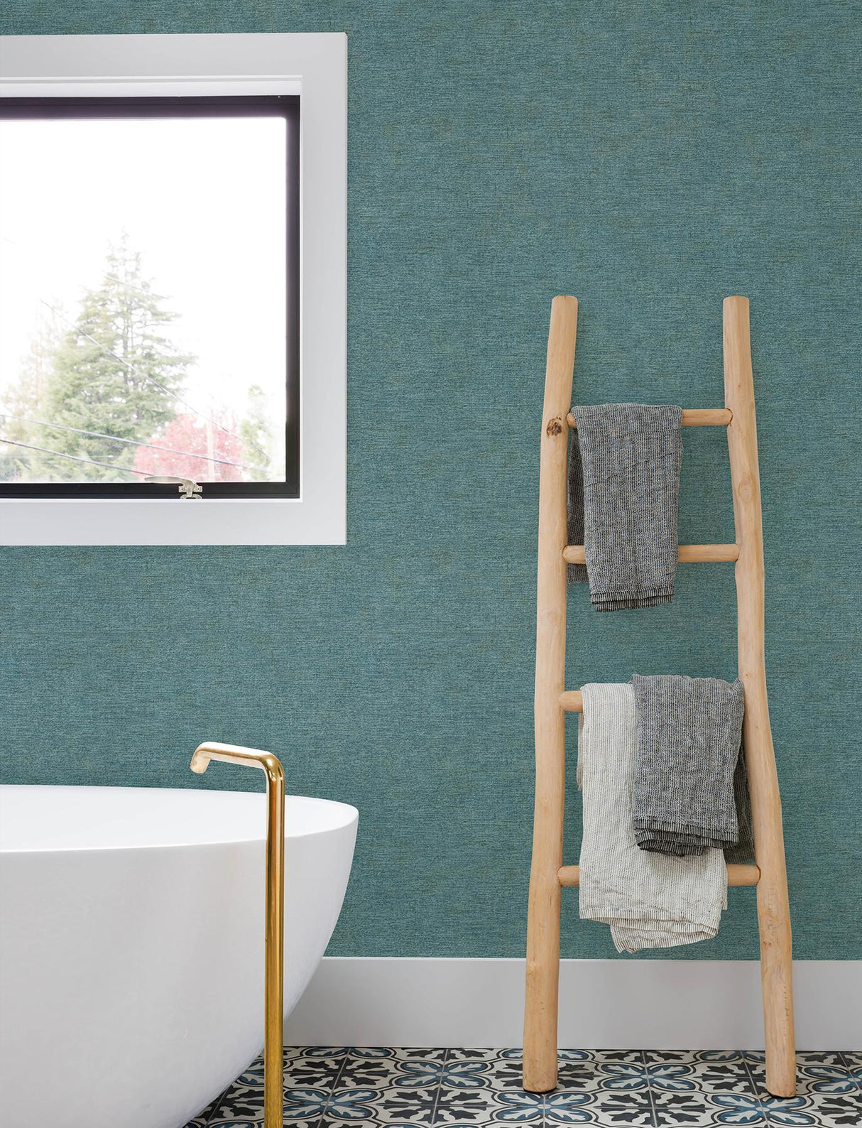 York Tansy Teal Distressed Wallpaper