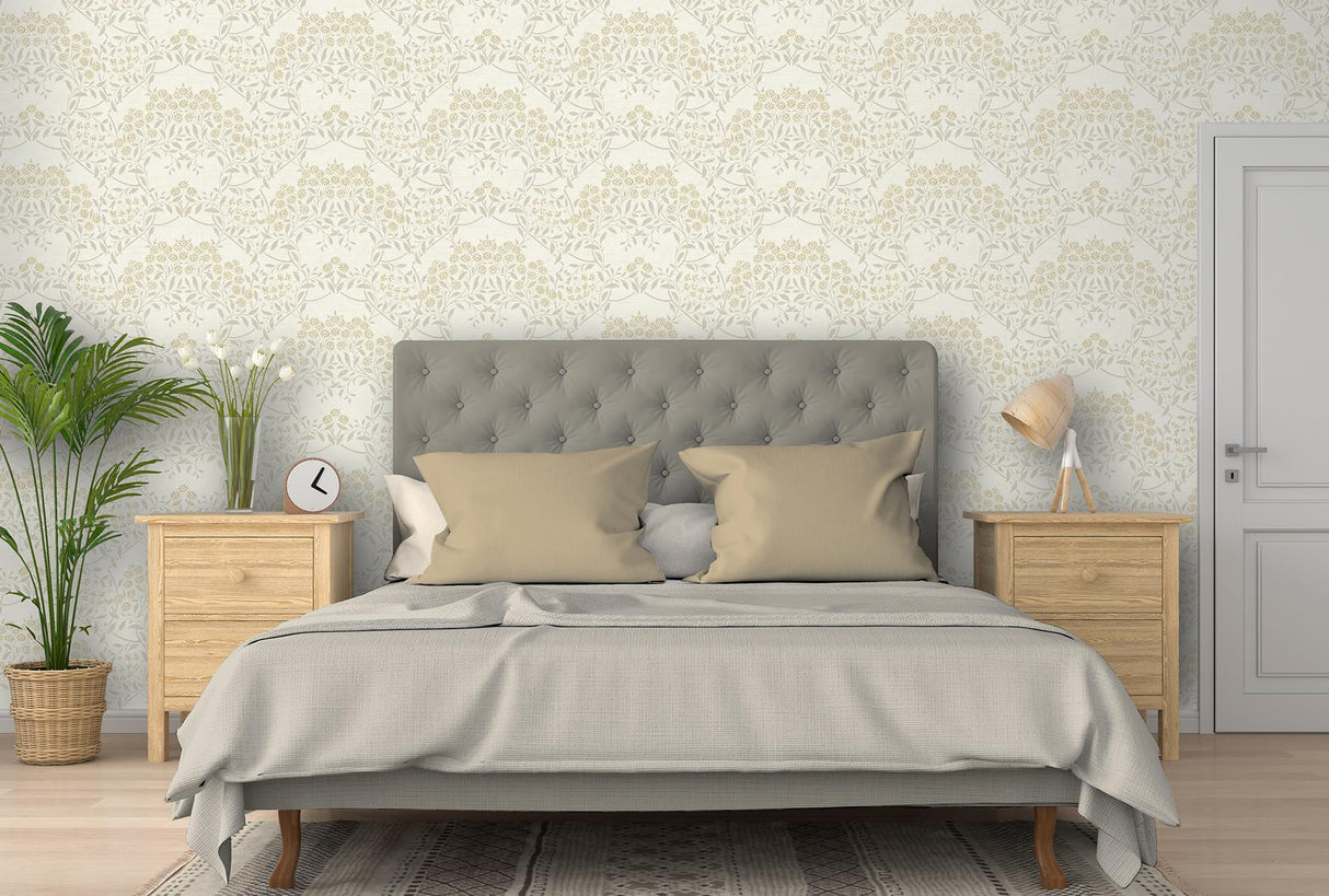 York Penelope Light Yellow Floral Damask Wallpaper