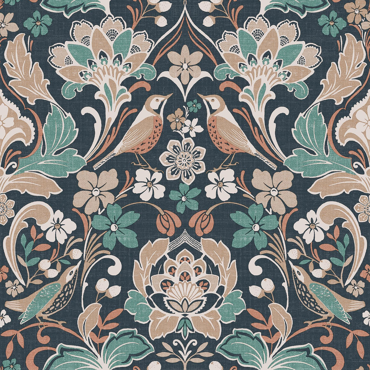 York Birdy Navy Nuthatch Floral Wallpaper