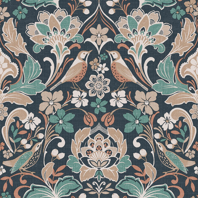York Birdy Navy Nuthatch Floral Wallpaper