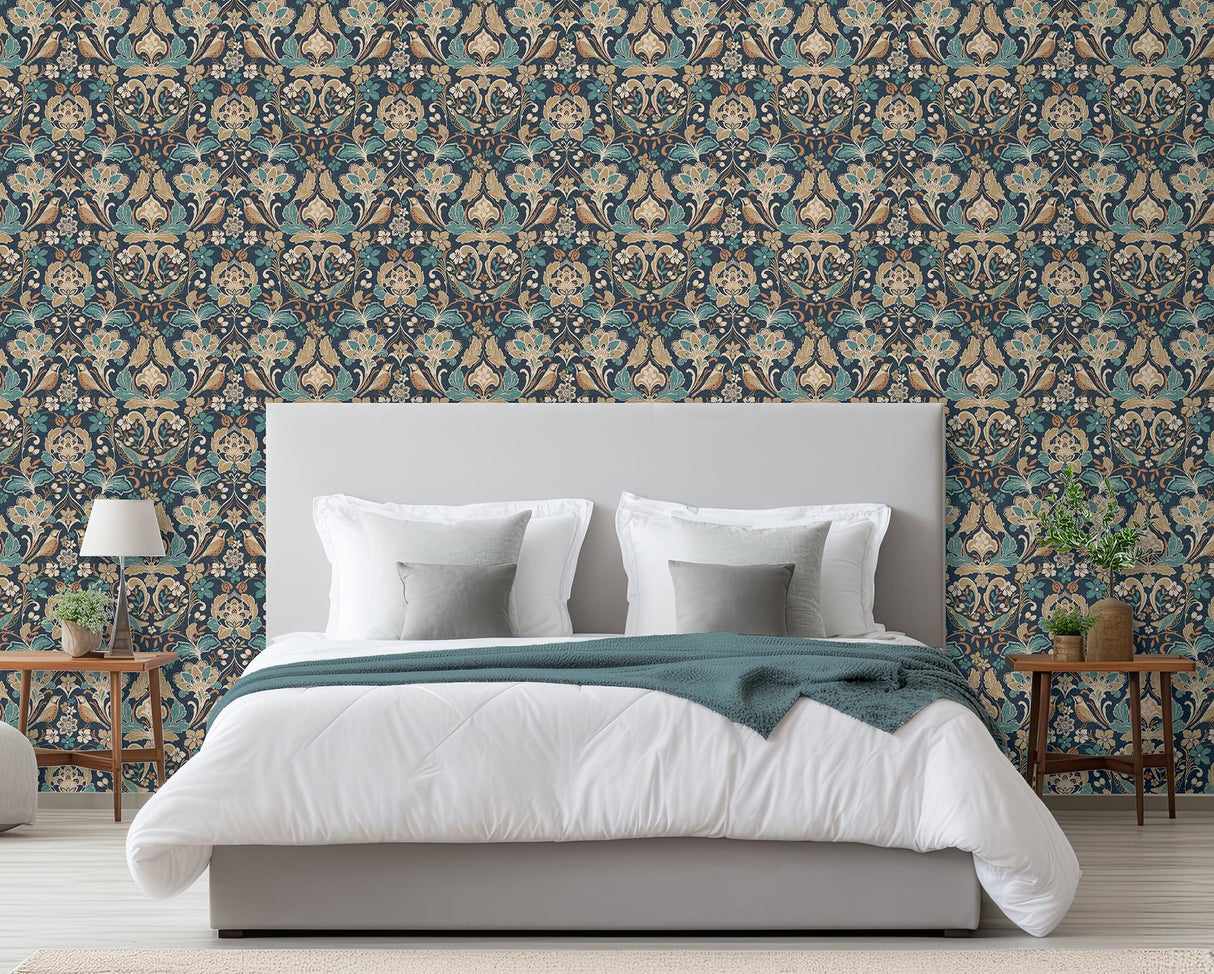 York Birdy Navy Nuthatch Floral Wallpaper