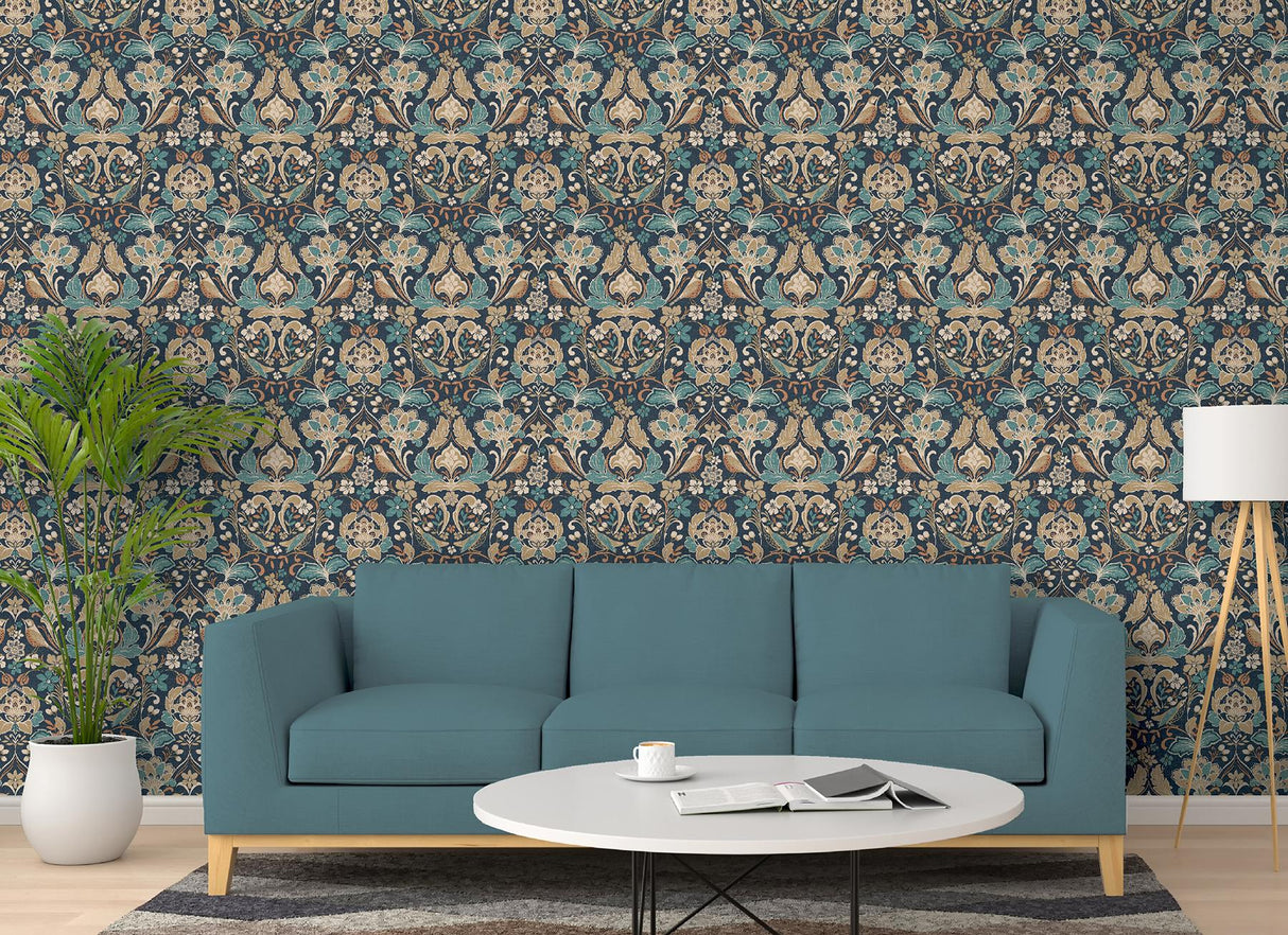 York Birdy Navy Nuthatch Floral Wallpaper
