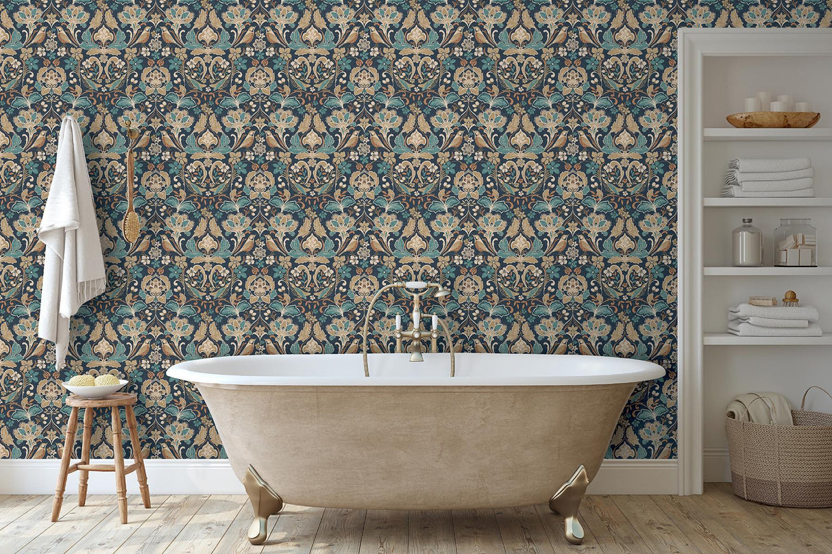 York Birdy Navy Nuthatch Floral Wallpaper