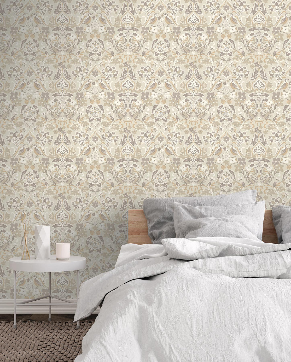 York Birdy Neutral Nuthatch Floral Wallpaper