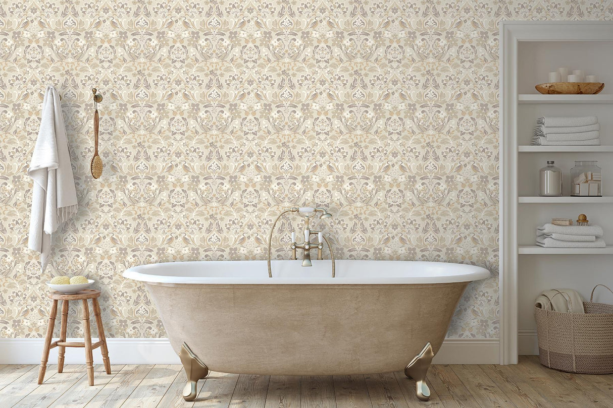 York Birdy Neutral Nuthatch Floral Wallpaper
