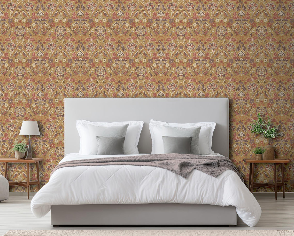 York Birdy Yellow Nuthatch Floral Wallpaper
