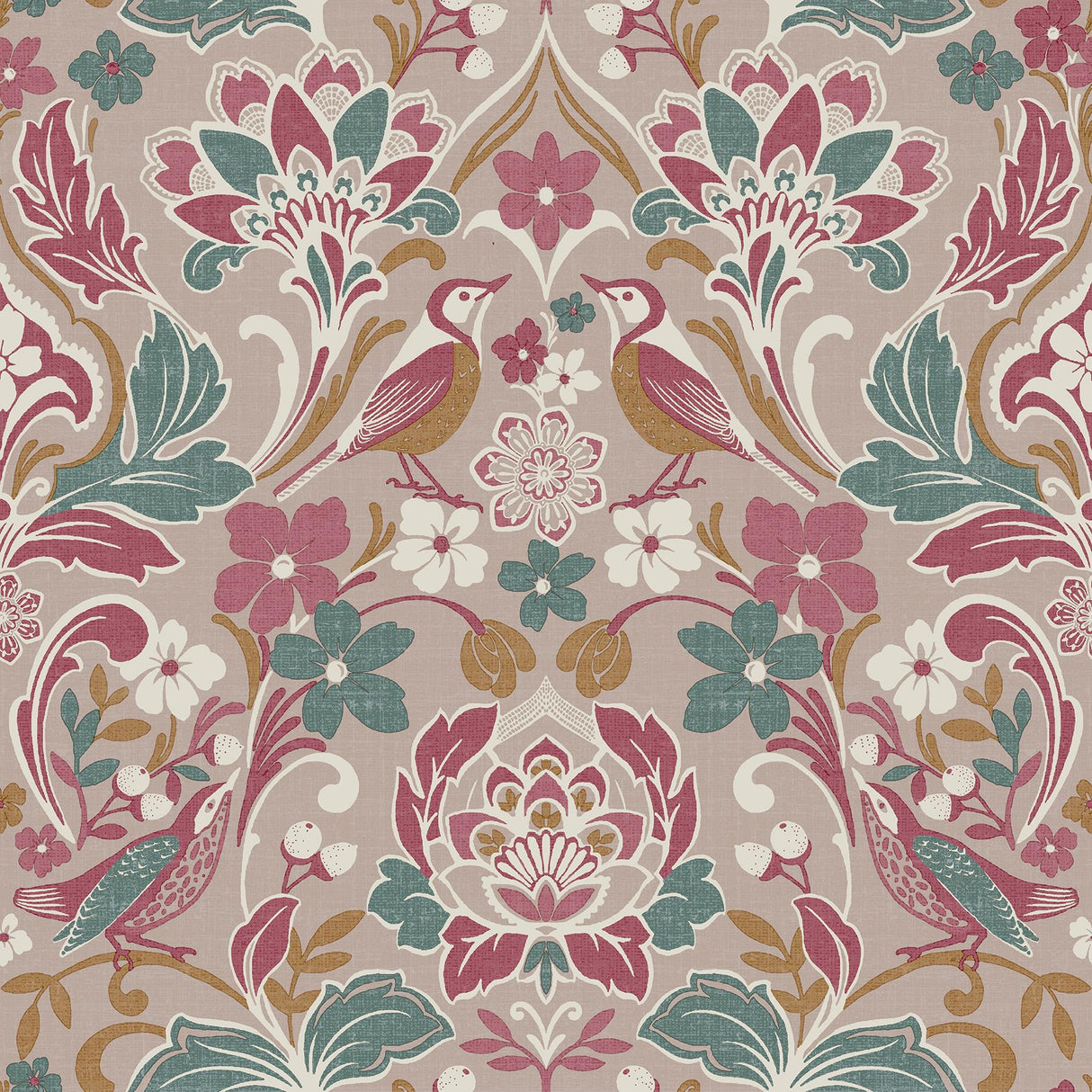 York Birdy Pink Nuthatch Floral Wallpaper