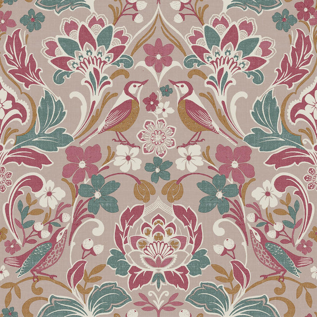 York Birdy Pink Nuthatch Floral Wallpaper
