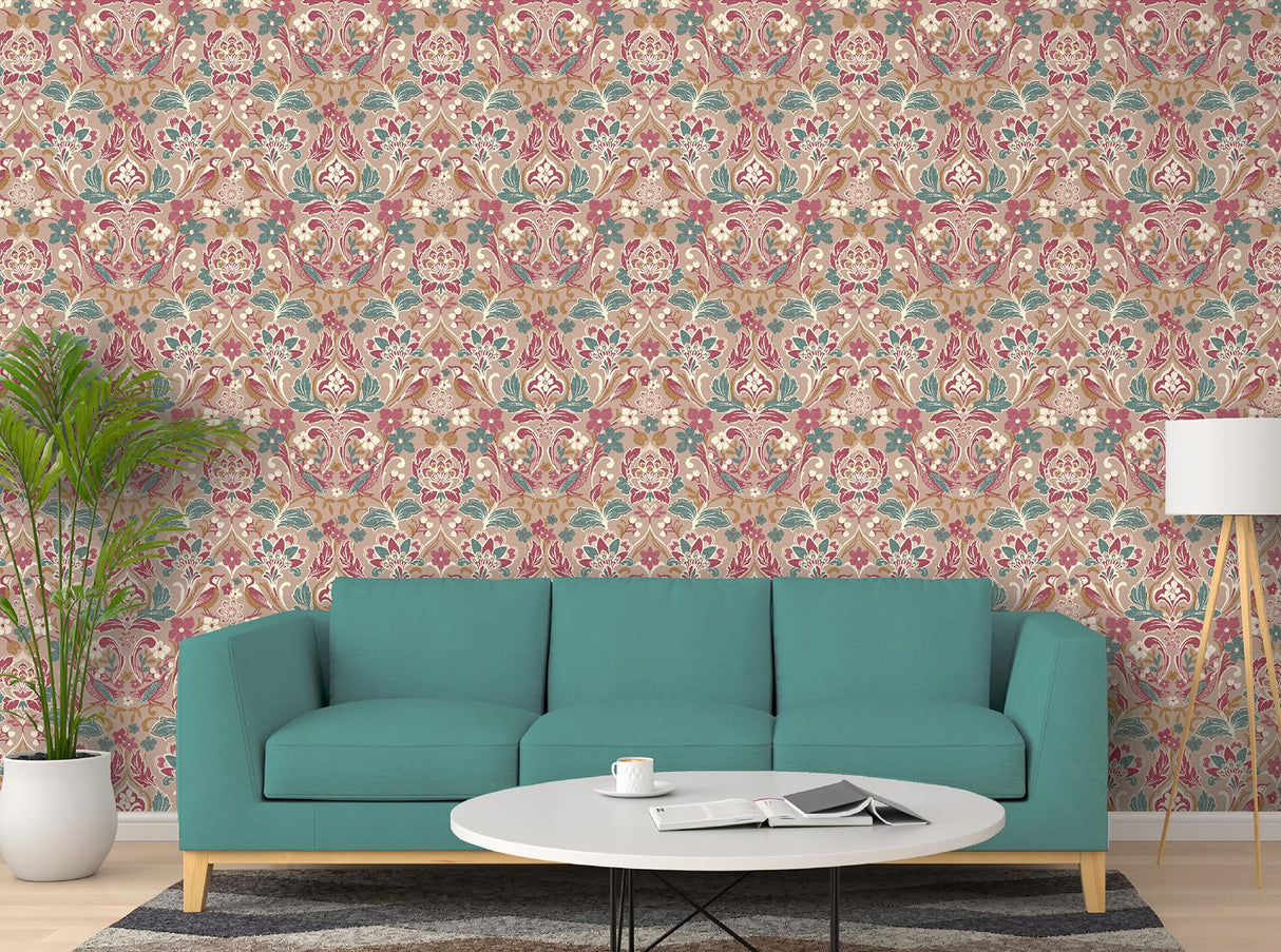 York Birdy Pink Nuthatch Floral Wallpaper