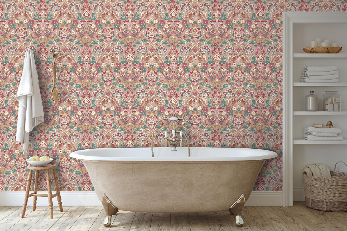 York Birdy Pink Nuthatch Floral Wallpaper