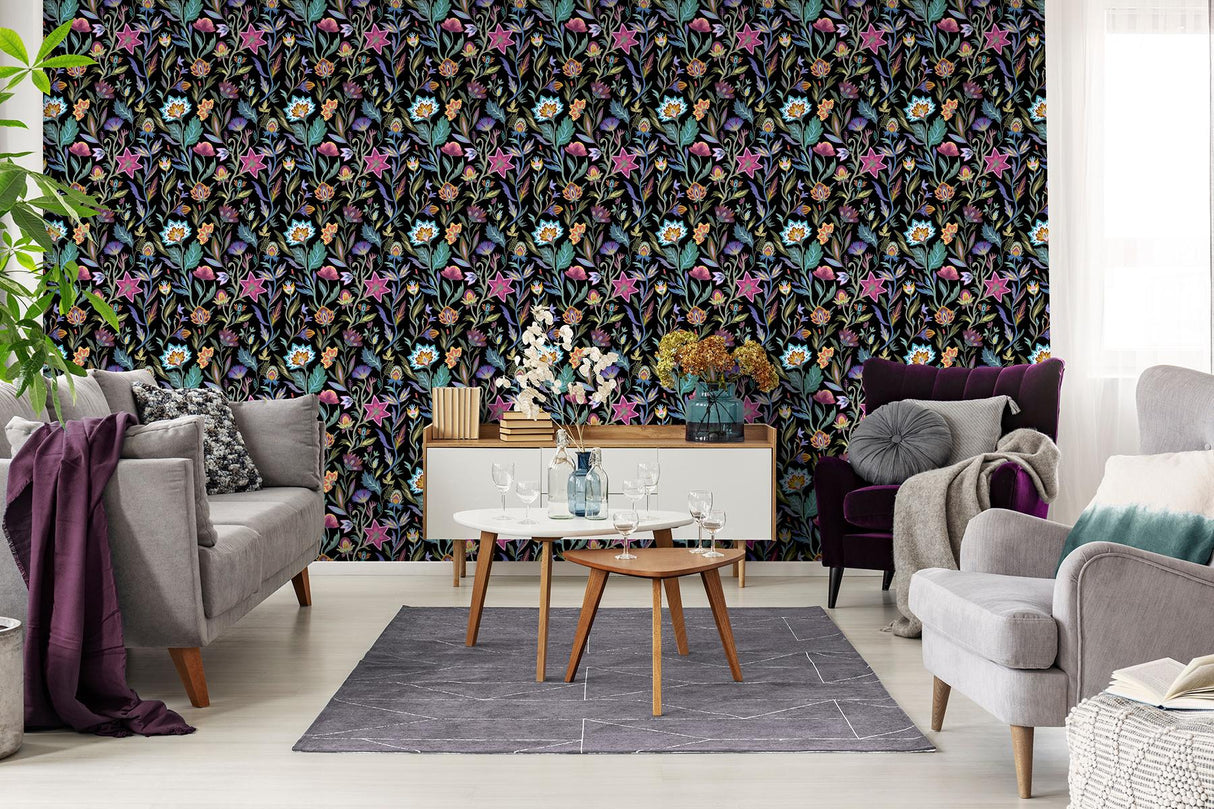 York Mallory Black Vivid Floral Wallpaper