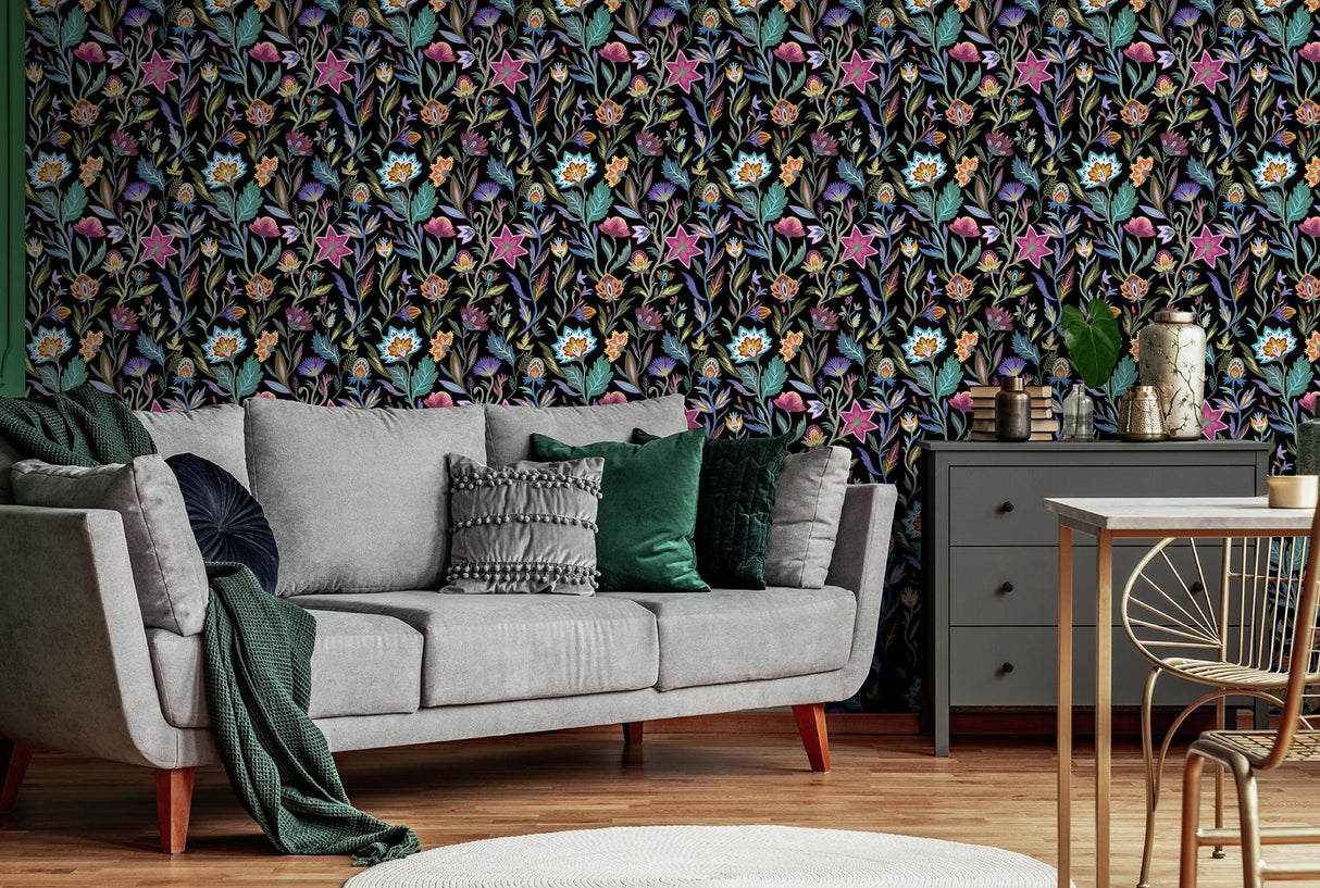 York Mallory Black Vivid Floral Wallpaper