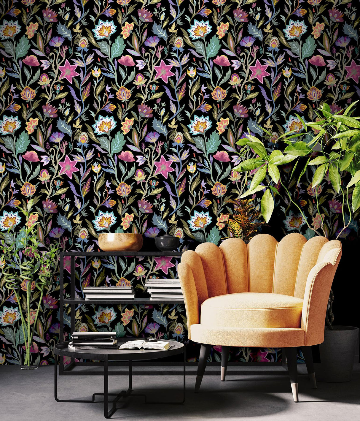 York Mallory Black Vivid Floral Wallpaper