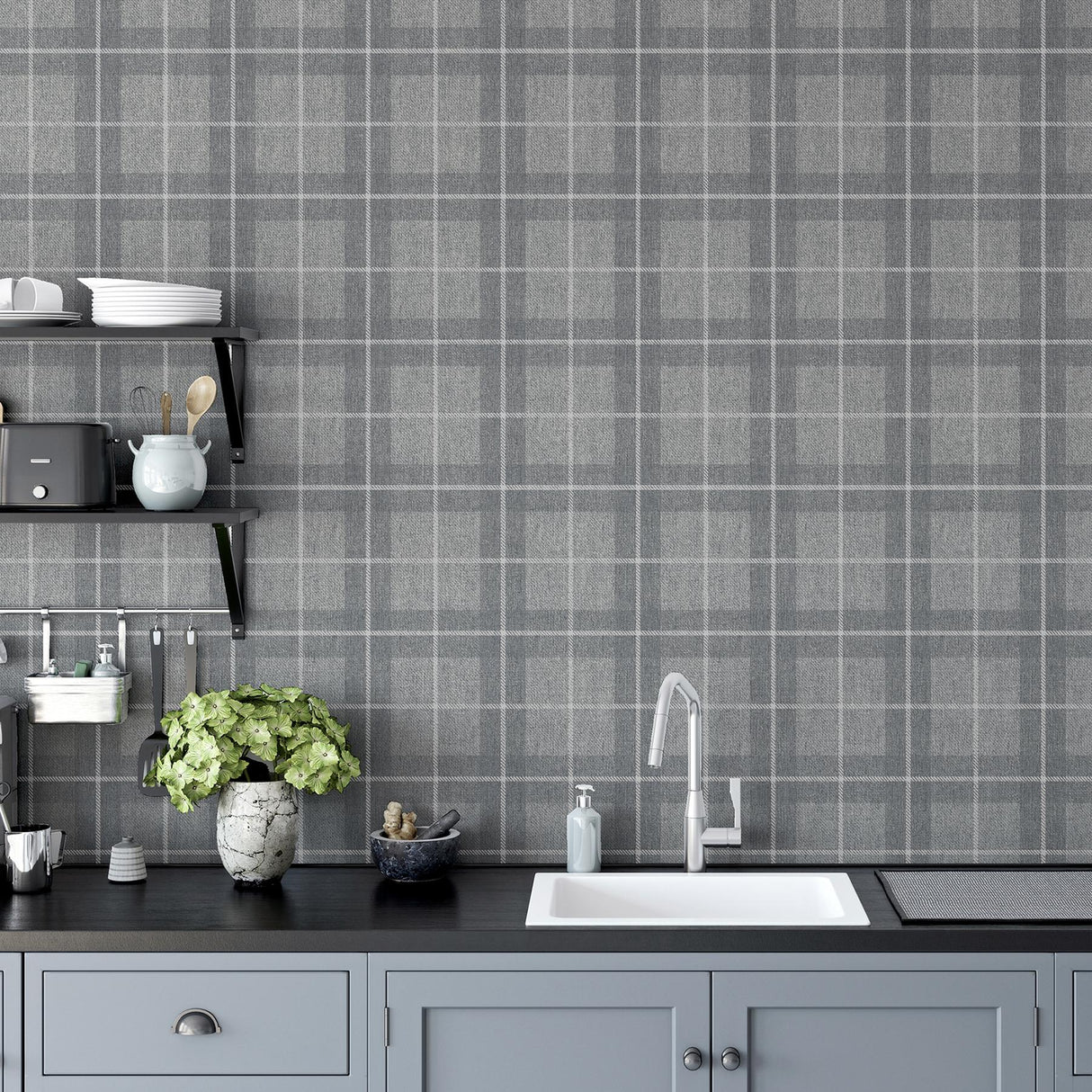 York Hudson Grey Checkered Plaid Wallpaper