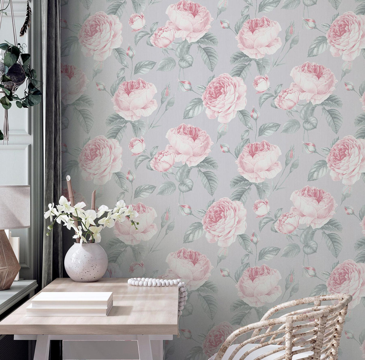 York Rosaline Light Grey Floral Wallpaper