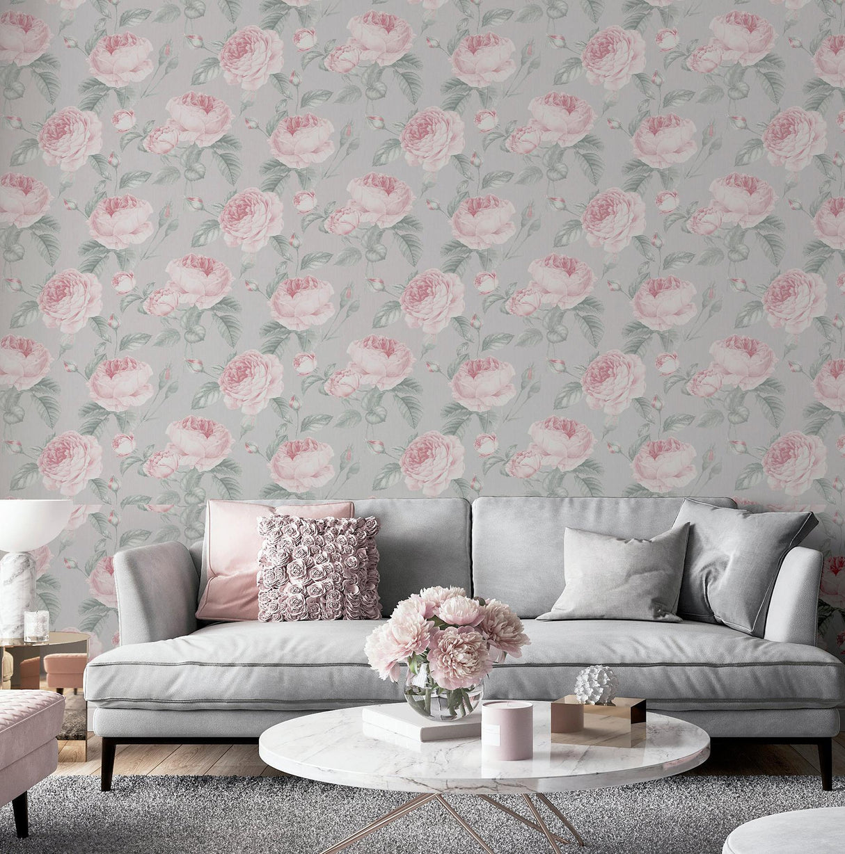 York Rosaline Light Grey Floral Wallpaper