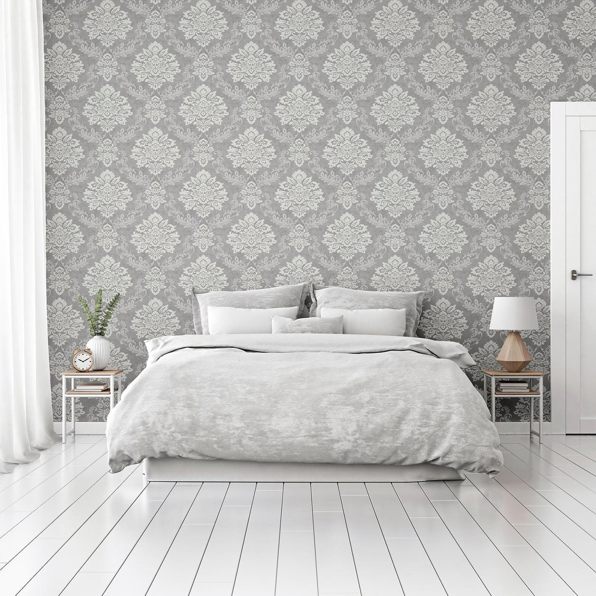 York Harriet Silver Damask Wallpaper