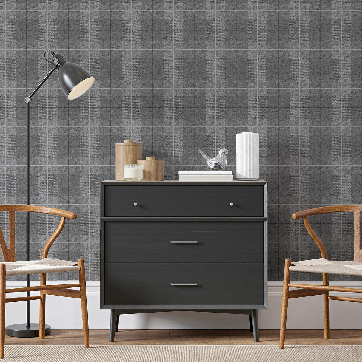 York Hector Charcoal Plaid Wallpaper