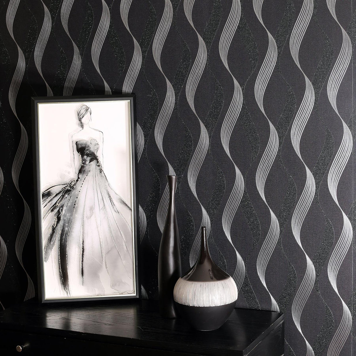 York Wilhelmina Black Ribbon Wallpaper