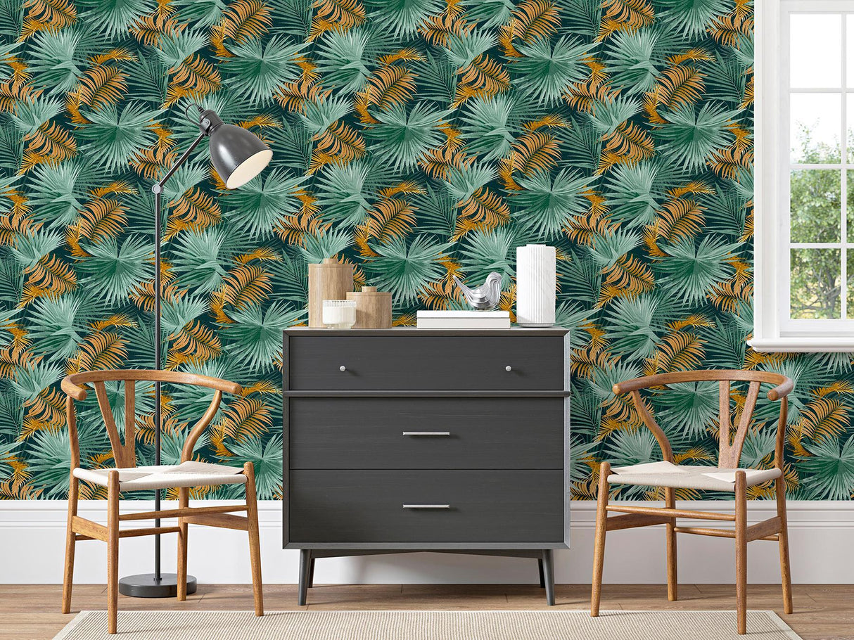 York Esau Teal Jungle Palms Wallpaper