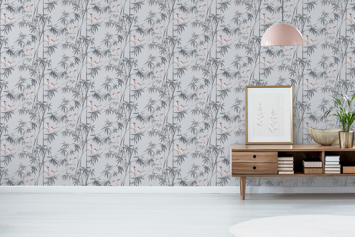 York Arisu Grey Birds and Bamboo Wallpaper