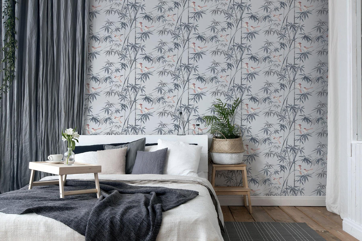 York Arisu Grey Birds and Bamboo Wallpaper