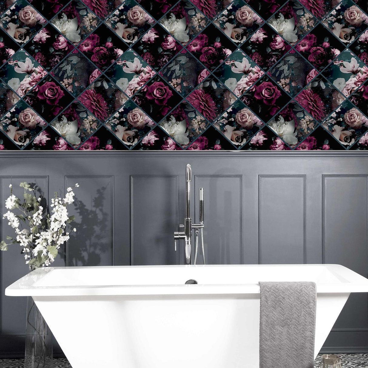 York Gianna Purple Floral Squares Wallpaper