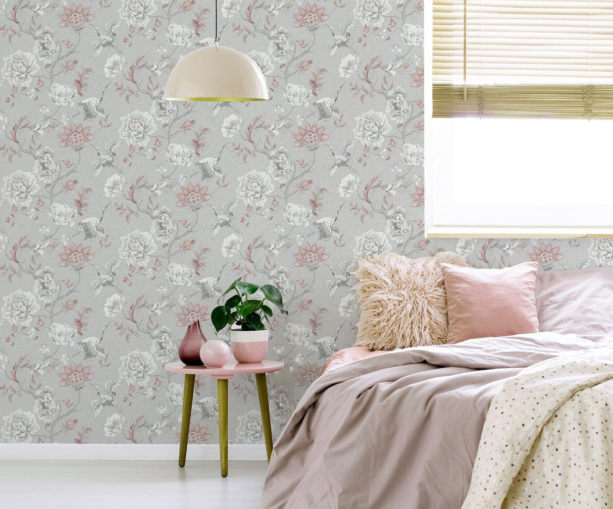 York Maggie Light Grey Cranes Wallpaper