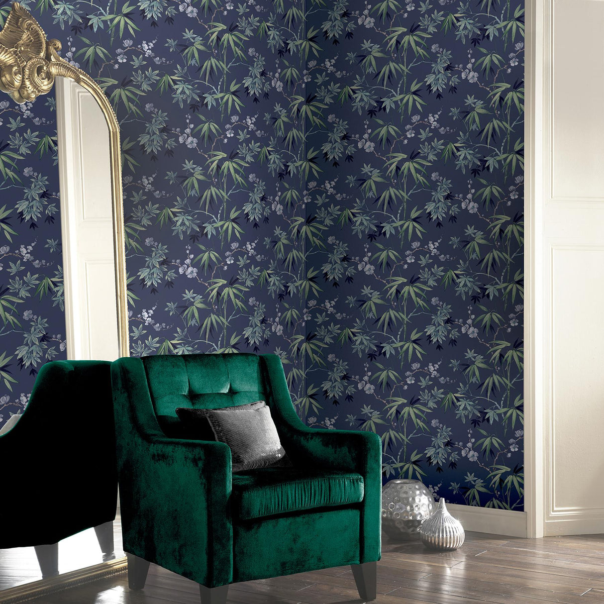 York Desi Navy Jasmine Garden Wallpaper