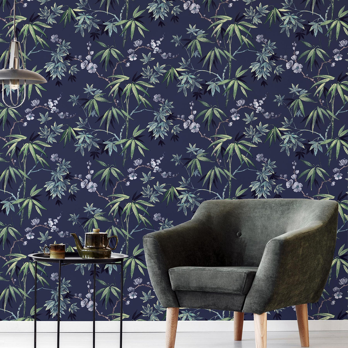 York Desi Navy Jasmine Garden Wallpaper