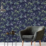 York Desi Navy Jasmine Garden Wallpaper
