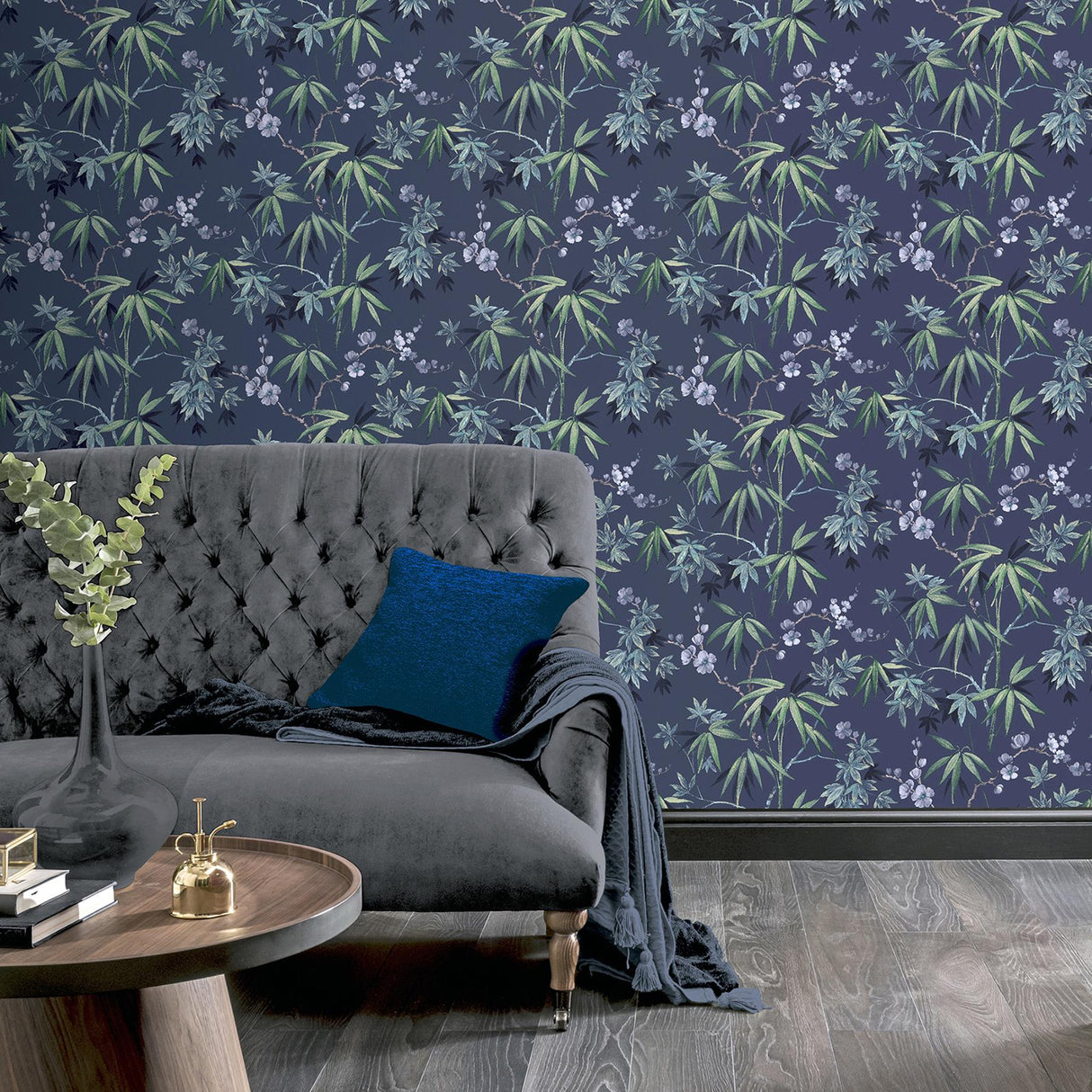 York Desi Navy Jasmine Garden Wallpaper