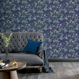 York Desi Navy Jasmine Garden Wallpaper