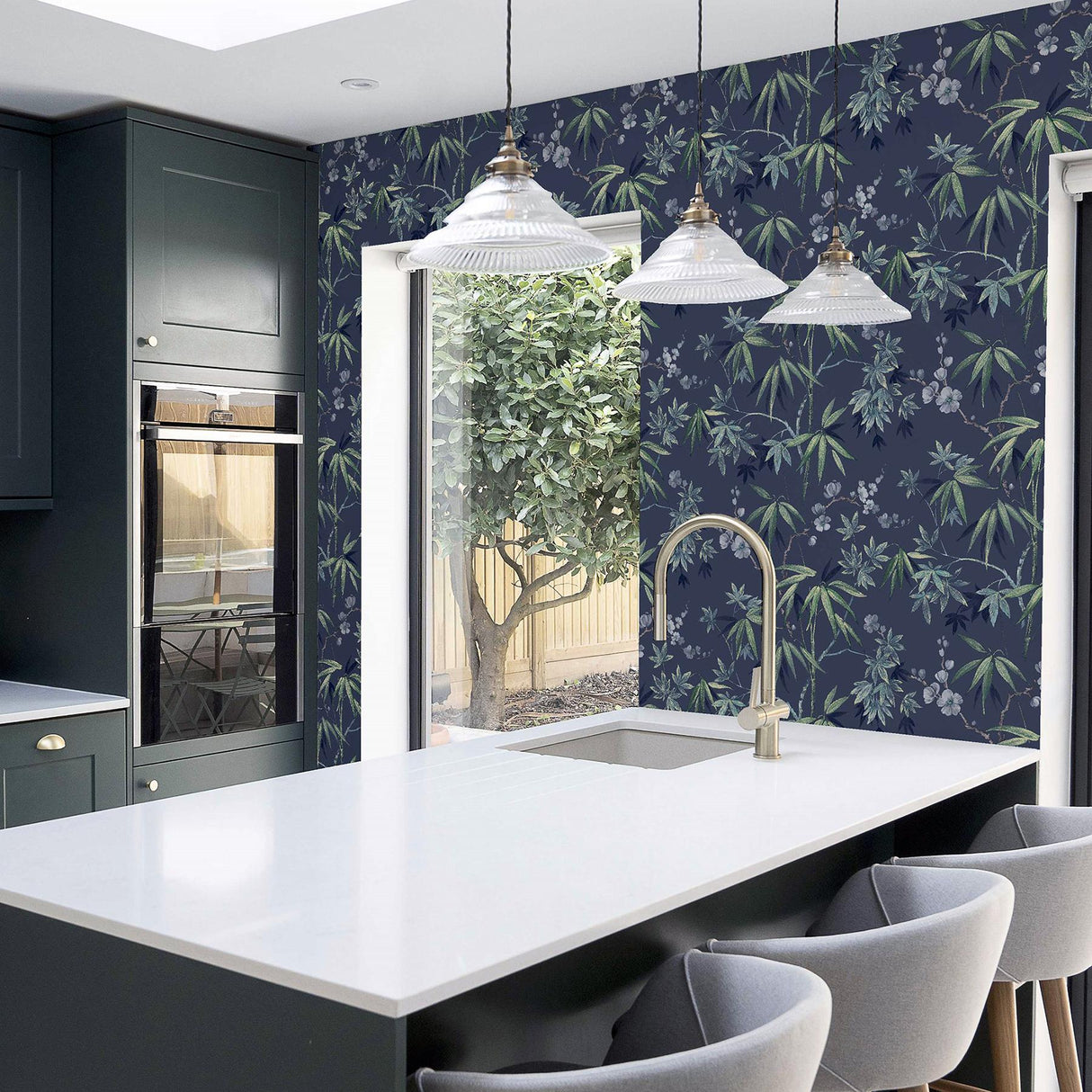 York Desi Navy Jasmine Garden Wallpaper