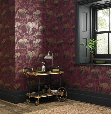 York Adelia Maroon Elephant Grove Wallpaper