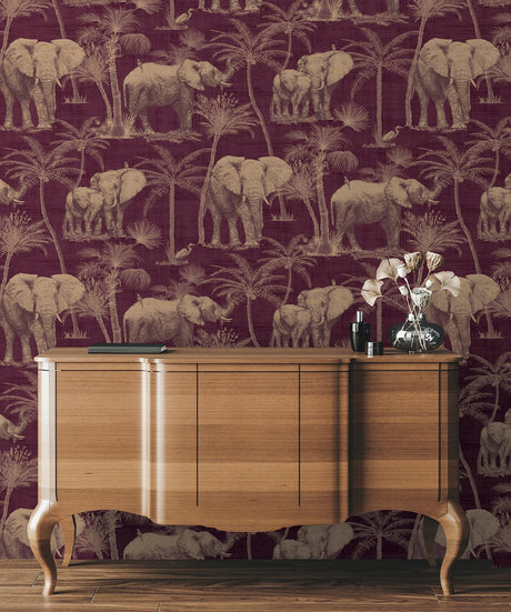 York Adelia Maroon Elephant Grove Wallpaper