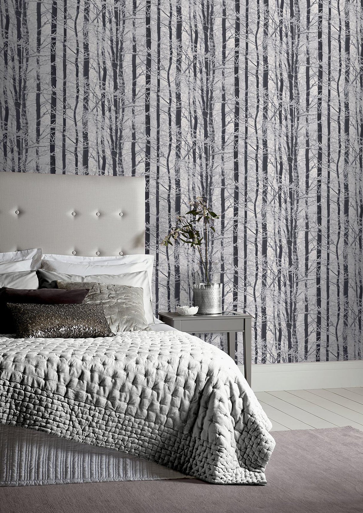 York Frosted Silver Winter Grove Wallpaper