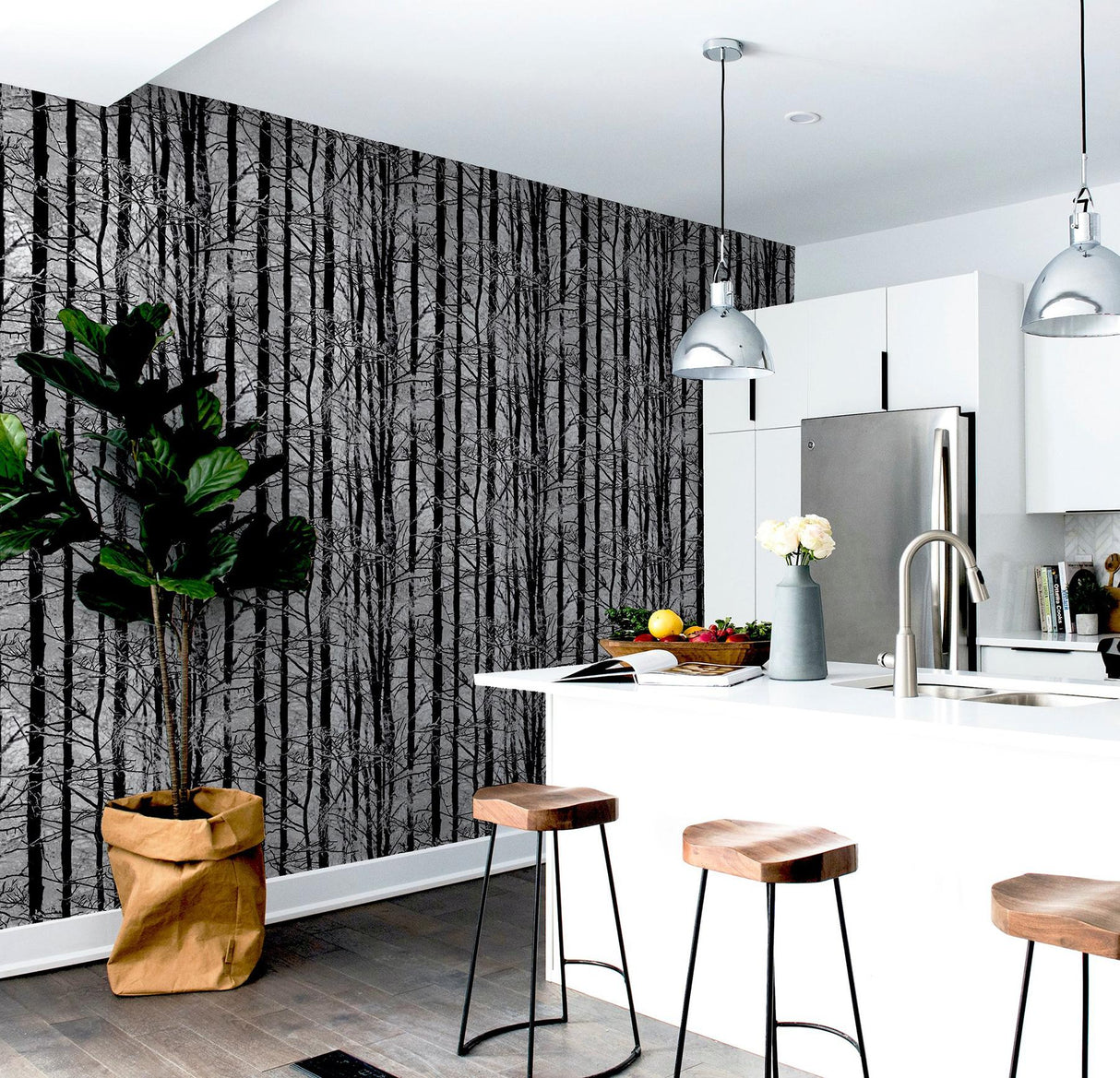 York Frosted Silver Winter Grove Wallpaper