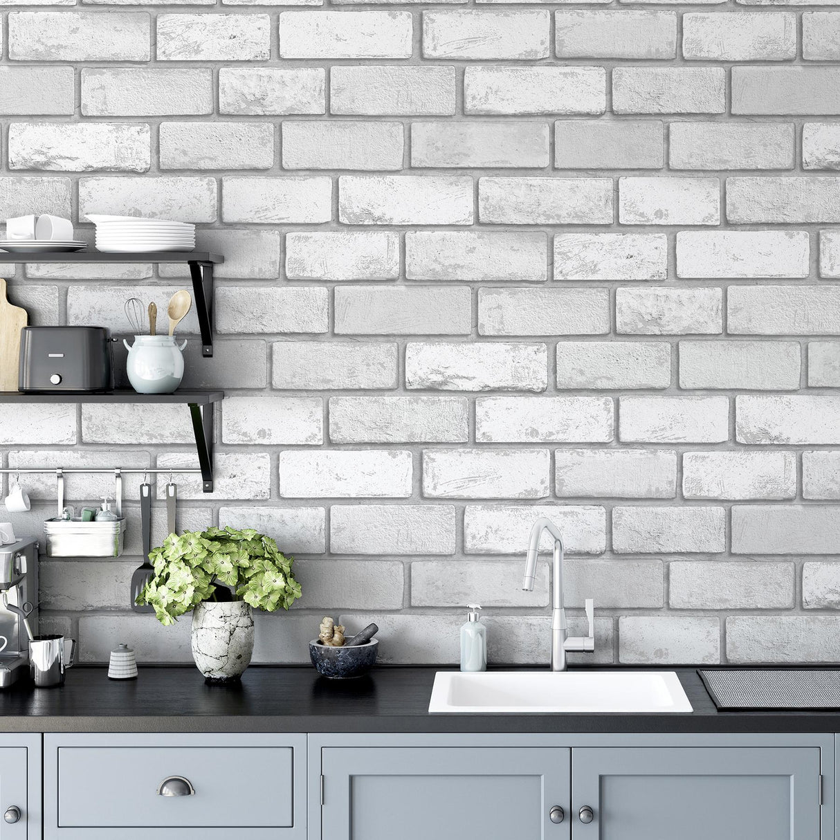 York Myron Dove Metallic Brick Wallpaper