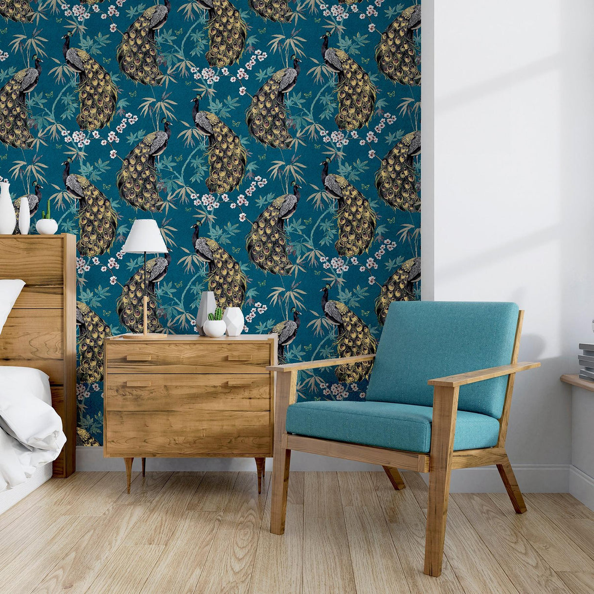 York Takara Teal Opulent Peacock Wallpaper