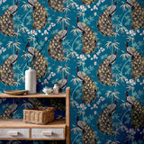 York Takara Teal Opulent Peacock Wallpaper