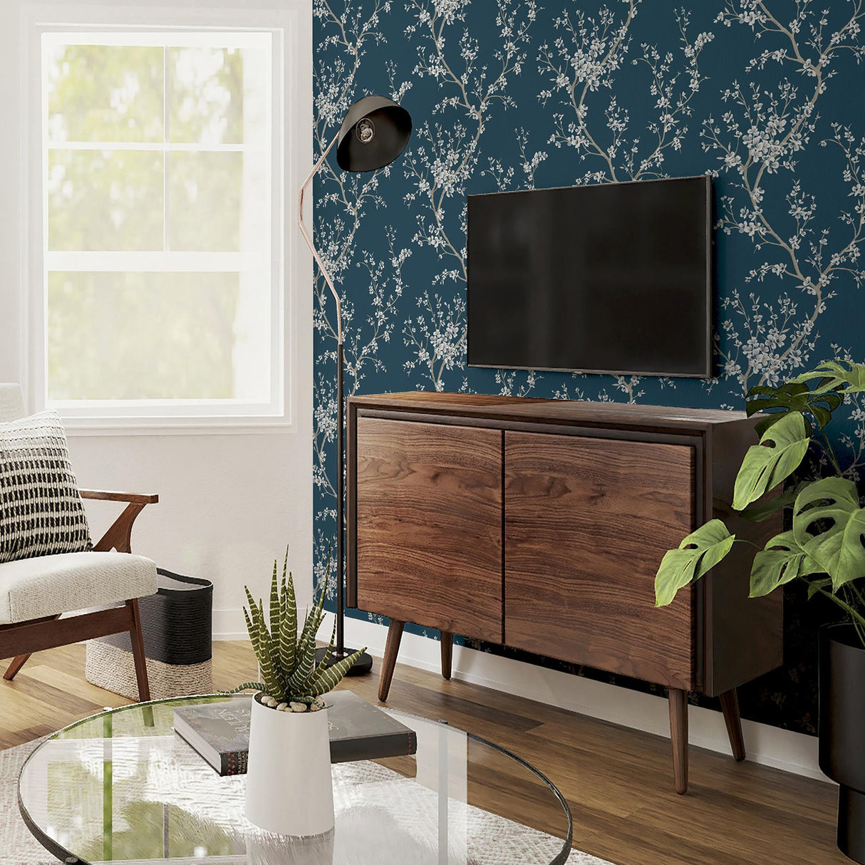 York Kaia Blue Flowering Tree Wallpaper