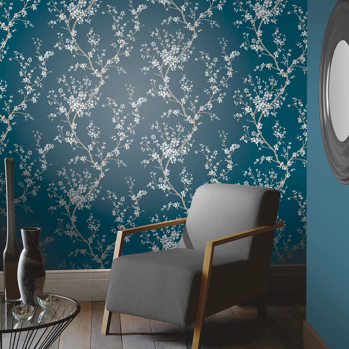 York Kaia Blue Flowering Tree Wallpaper